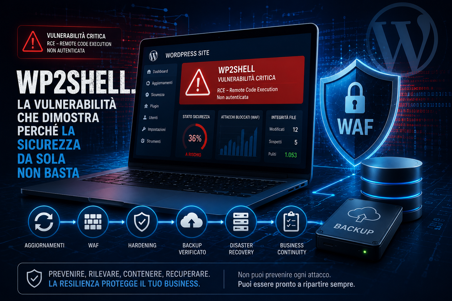 Console di sicurezza che monitora un sito WordPress durante un incidente informatico con focus su backup e Disaster Recovery
