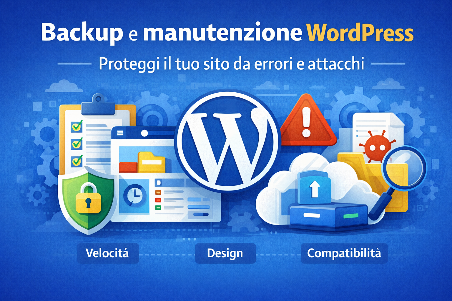 Illustrazione digitale con WordPress al centro, scudo di sicurezza, cloud backup, hard disk e icona malware, a rappresentare backup e manutenzione del sito.