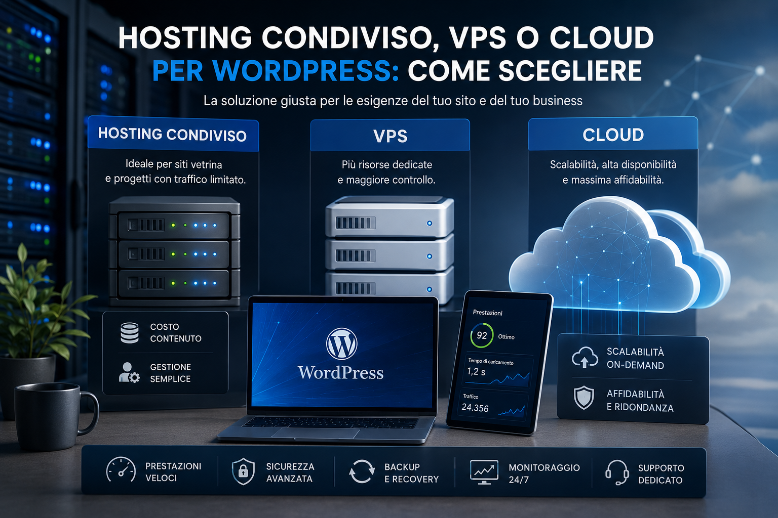Confronto tra hosting condiviso, VPS e Cloud per siti WordPress aziendali ed eCommerce