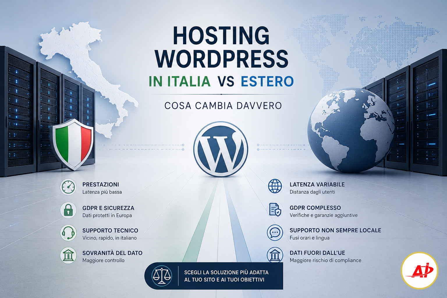 Hosting WordPress con server in Italia o all'estero: confronto tra prestazioni, GDPR e supporto tecnico